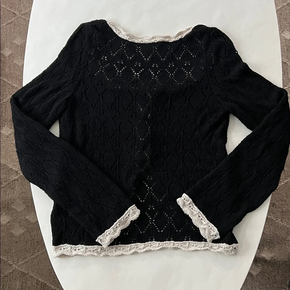 Free People Adelene Cardigan - Black Linen Blend Knit Large $128